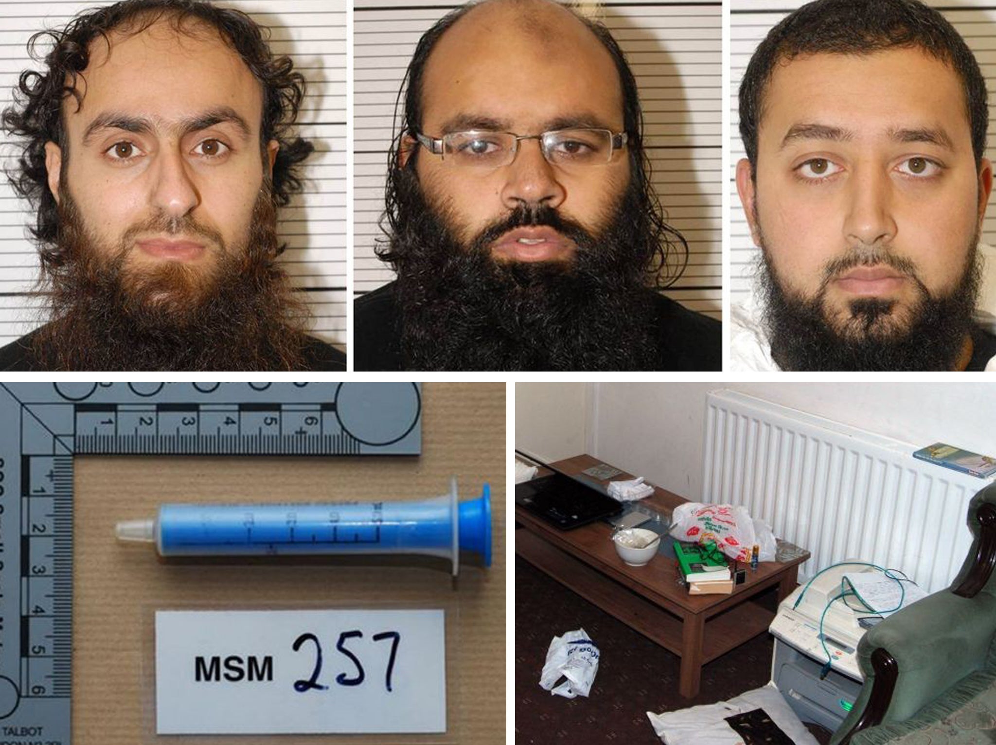 Irfan Khalid (left), Irfan Naseer and Ashik Ali, all from Birmingham, who were found guilty at Woolwich Crown Court of being "central figures" in a terrorist bomb plot. Bottom left: a syringe found in the safe house in White Street, Birmingham. Bottom rig