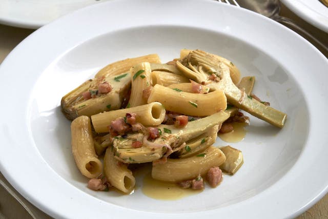 Rigatoni with artichokes, anchovies and bacon by Neil Perry