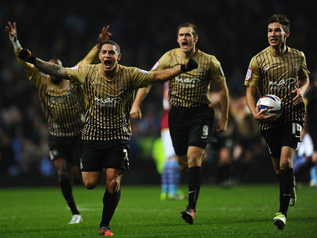 Bradford celebrate winning their Capital One Cup semi-final against Aston Villa