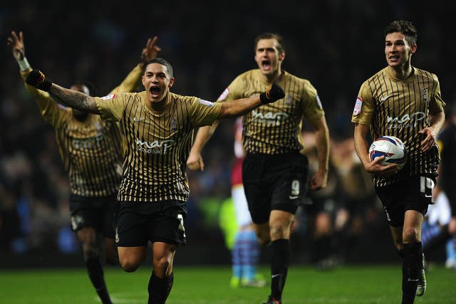 Bradford celebrate winning their Capital One Cup semi-final against Aston Villa