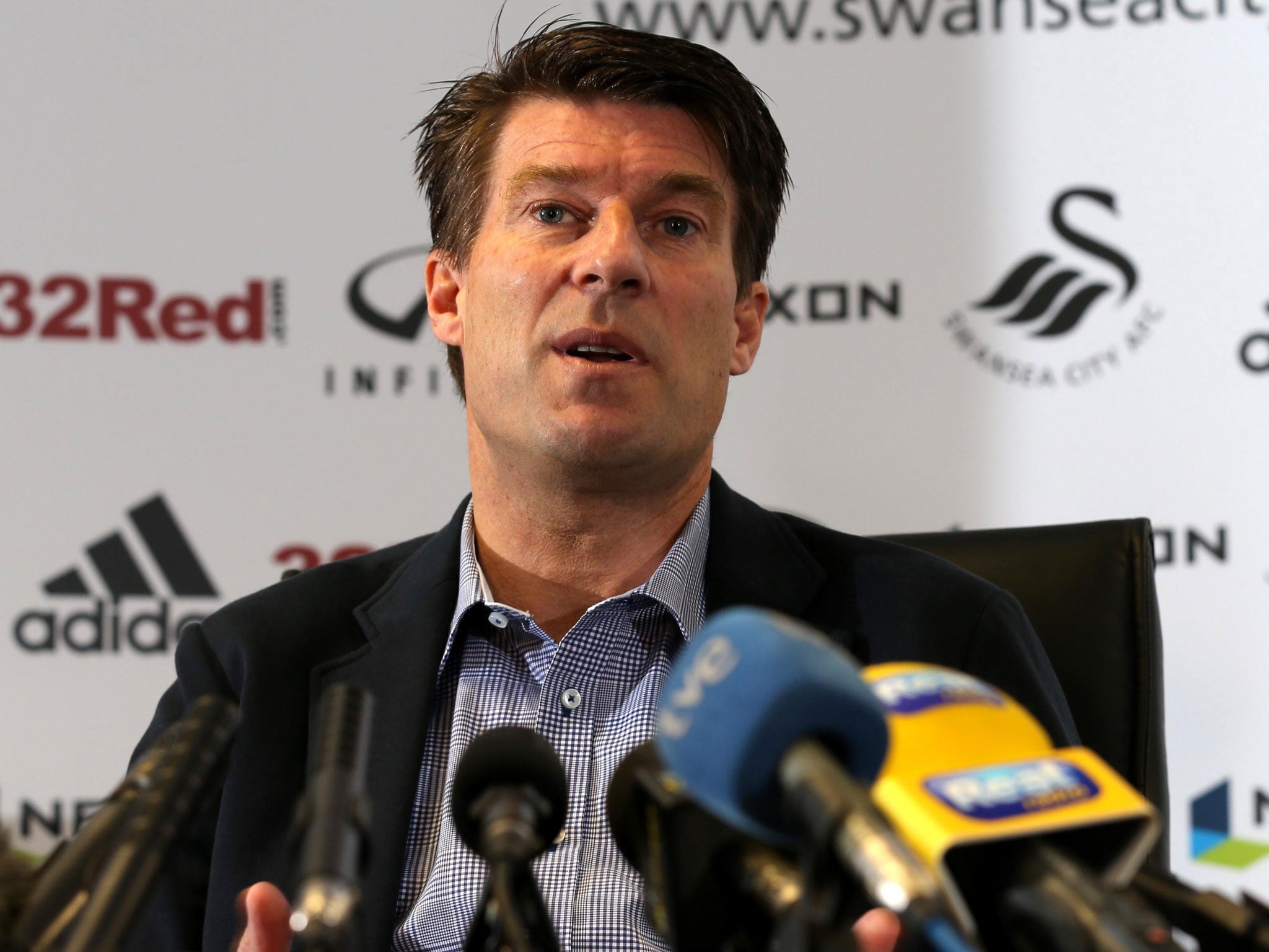 Michael Laudrup speaks to the media at the Liberty Stadium