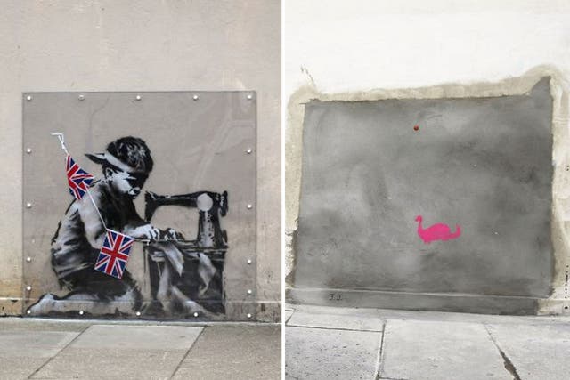 The Banksy mural in 2012 on a wall in Wood Green, north London, left, and the same wall after it went missing, right