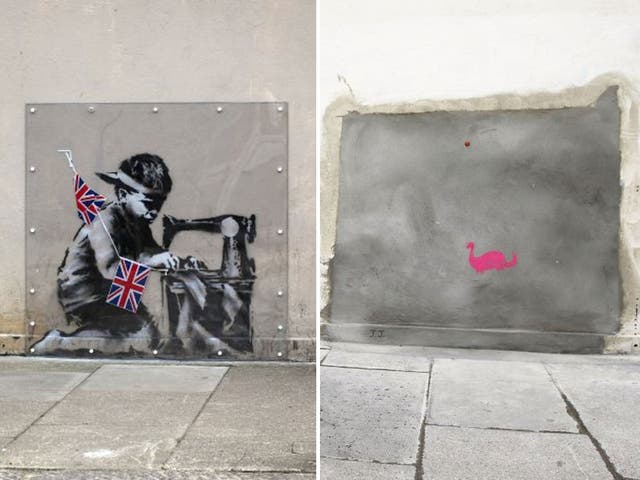 The Banksy mural in 2012 on a wall in Wood Green, north London, left, and the same wall after it went missing, right