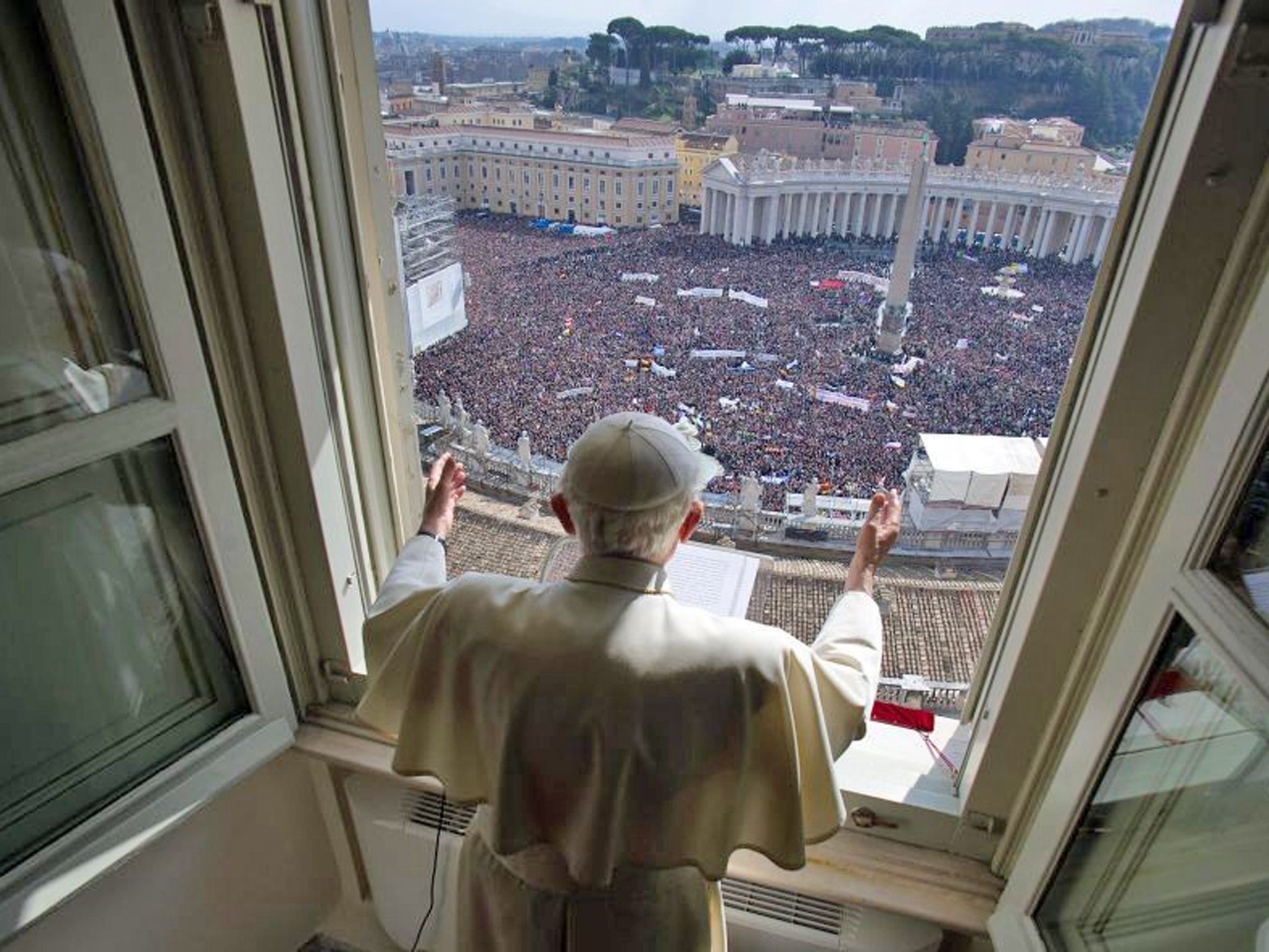 Pope Benedict XVI's leads the Angelus prayer from the window