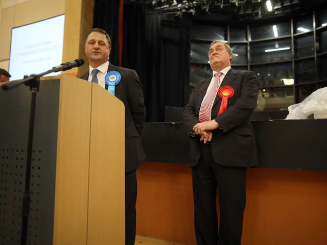 The newly elected Humberside Police and Crime Commissioner Matthew Grove (L) makes his victory speech as runner-up former deputy prime minister Lord Prescott looks on at Bridlington Spa on November 16, 2012 in Bridlington, United Kingdom.