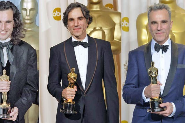 From left: Daniel Day Lewis wins Award for My Left Foot (1990), There Will Be Blood (2008) and Lincoln (2013)