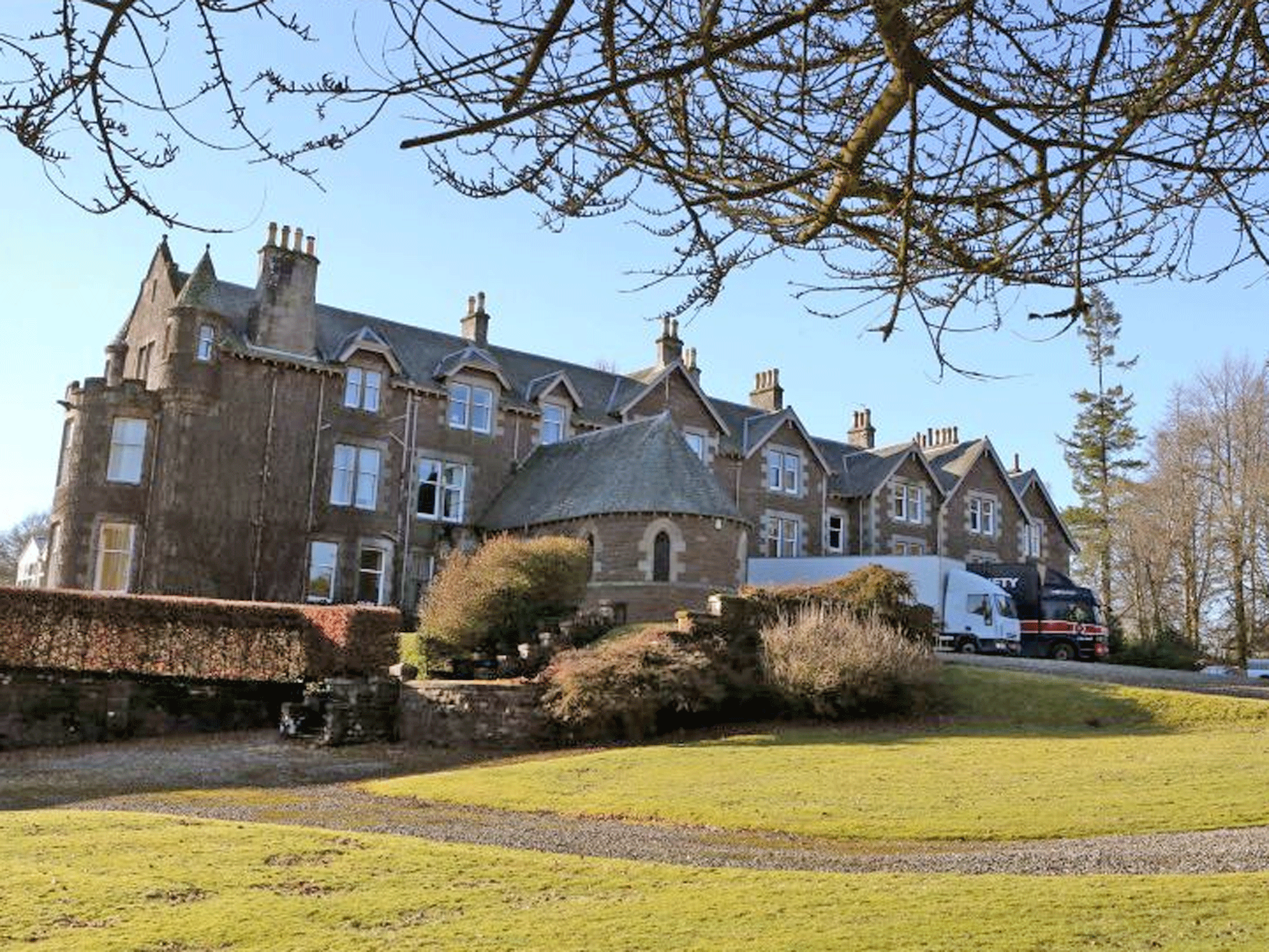 Removal vans sit parked at Cromlix House Hotel after Andy Murray bought the £1.8 million luxury hotel where his brother got married three years ago
