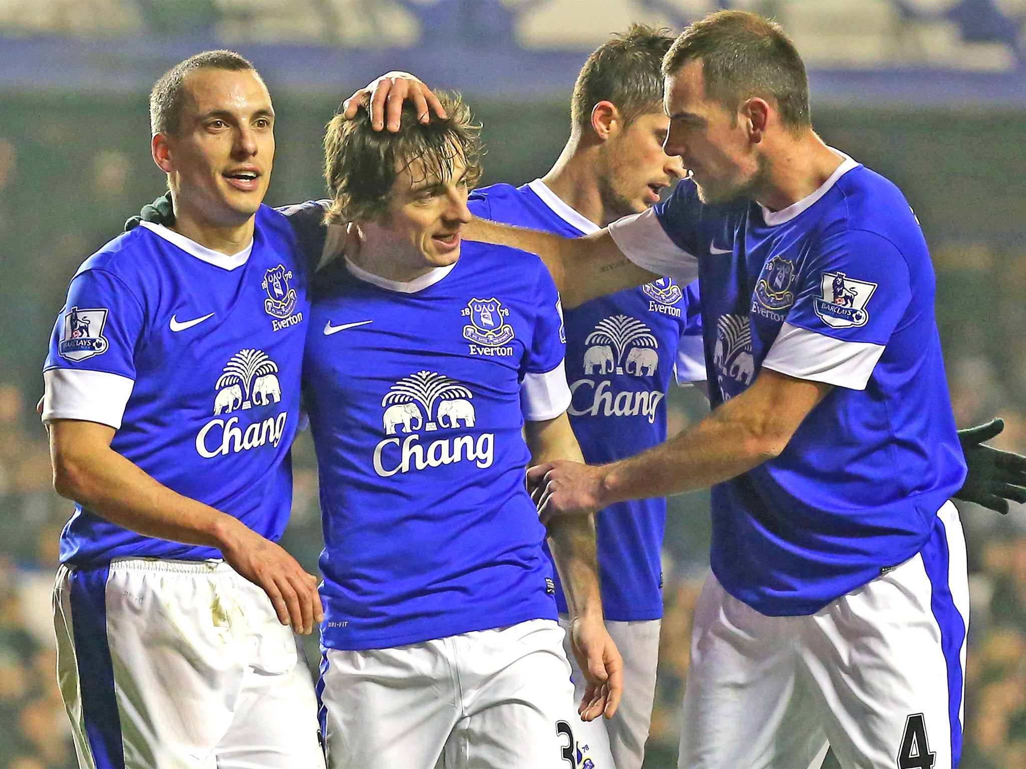 Leighton Baines is congratulated after scoring The Toffees' second goal