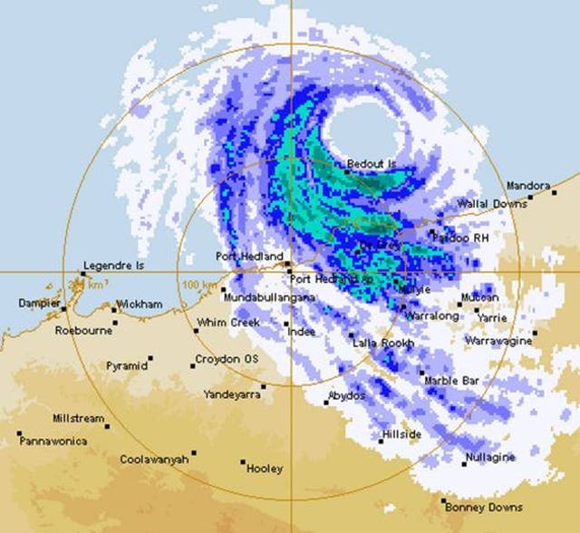 Radar images of Cyclone Rusty on Australia's north west coast last night