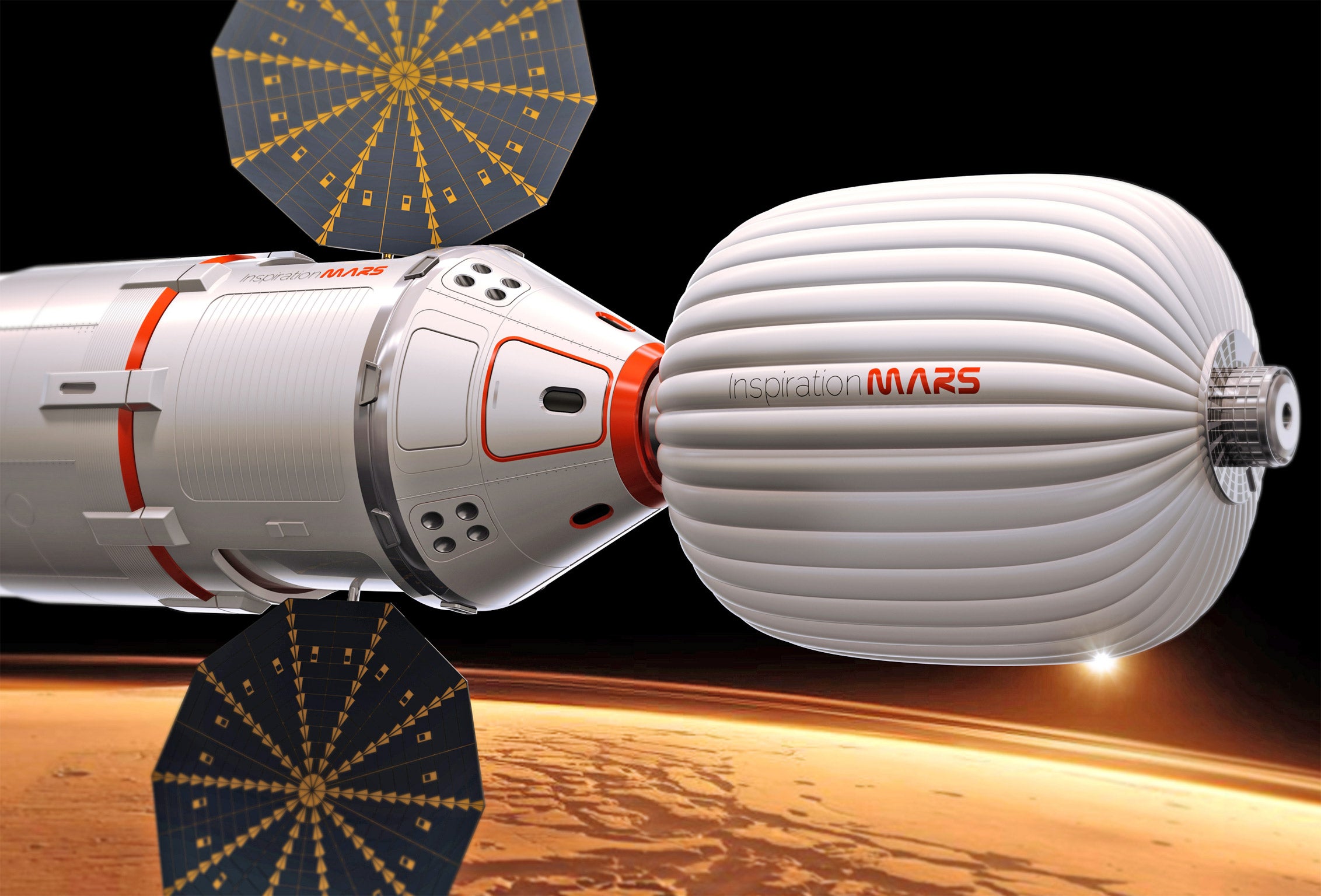 An artist's conception of a spacecraft envisioned by Inspiration Mars, a private group funded by Dennis Tito