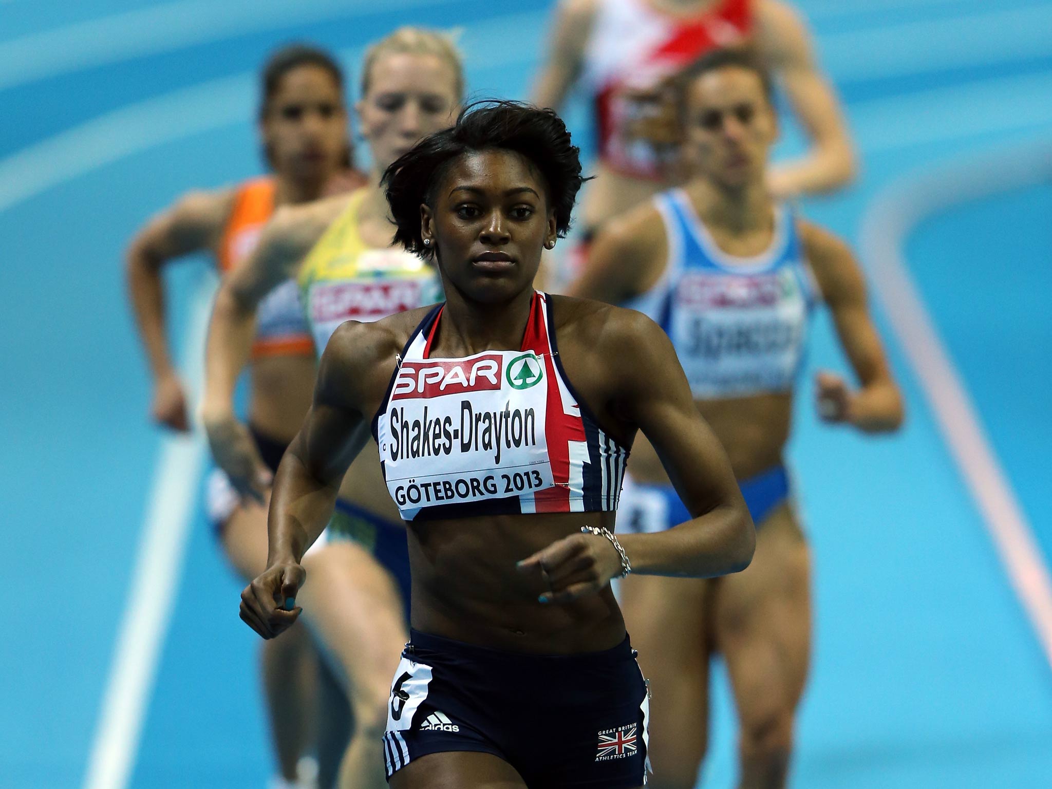 Perri Shakes-Drayton in action at the European Indoor Championships