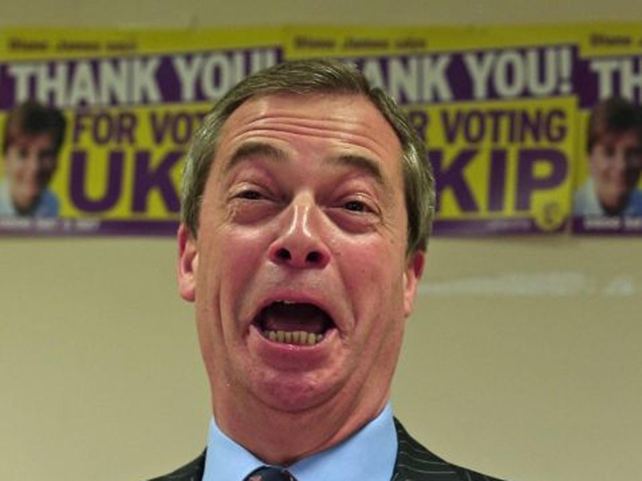Ukip leader Nigel Farage in laughjing mood after the by-election result in Eastleigh, Hampshire