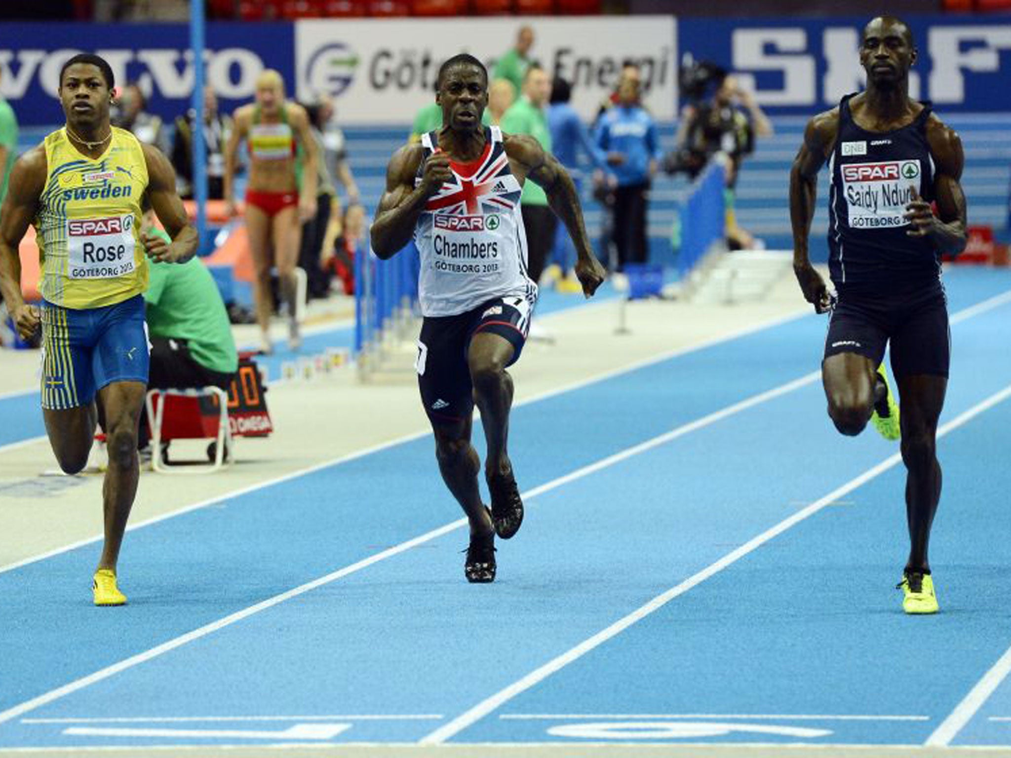 Dwain Chambers was eliminated in the first round of the 60m