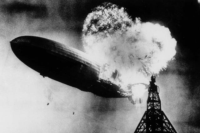 The moment the Hindenburg suffered the first of three explosions over the Lakehurst naval air station in New Jersey on 6 May 1937. Thirty-six people, including one ground crew, were killed