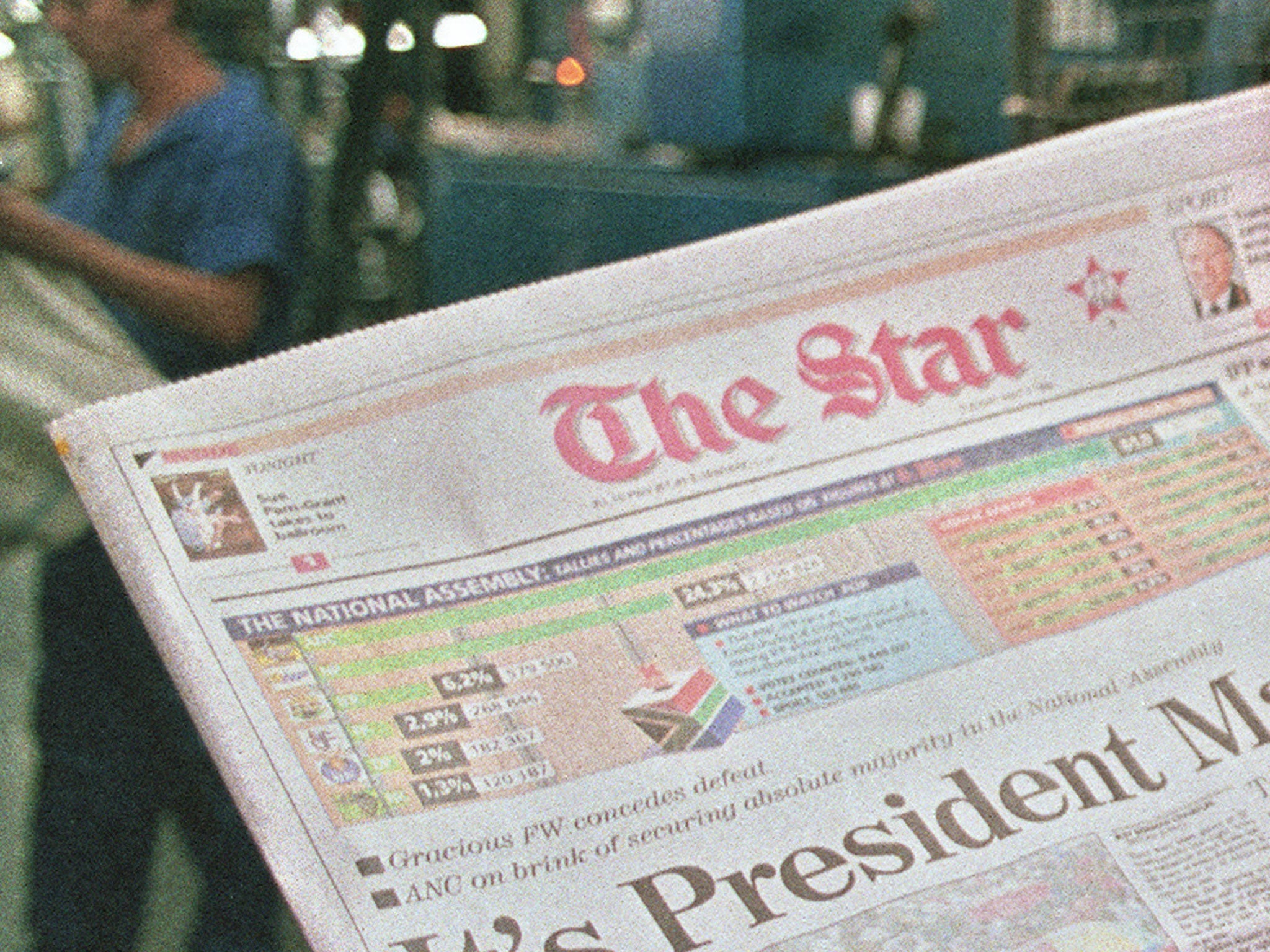 An issue of The Star, the South African daily, hot from the printing press on May 02, 1994 in Johannesburg, South Africa, as it headlines Nelson Mandela as next president of the country following the ANC victory in the first all-race elections.