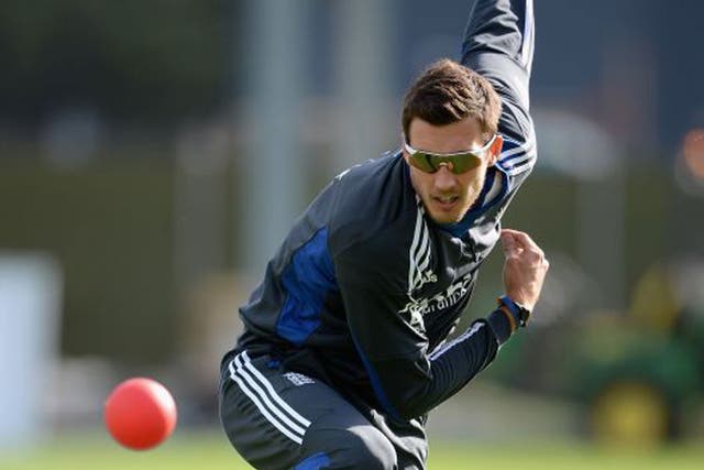 Steve Finn warming up during an England net session in Dunedin yesterday