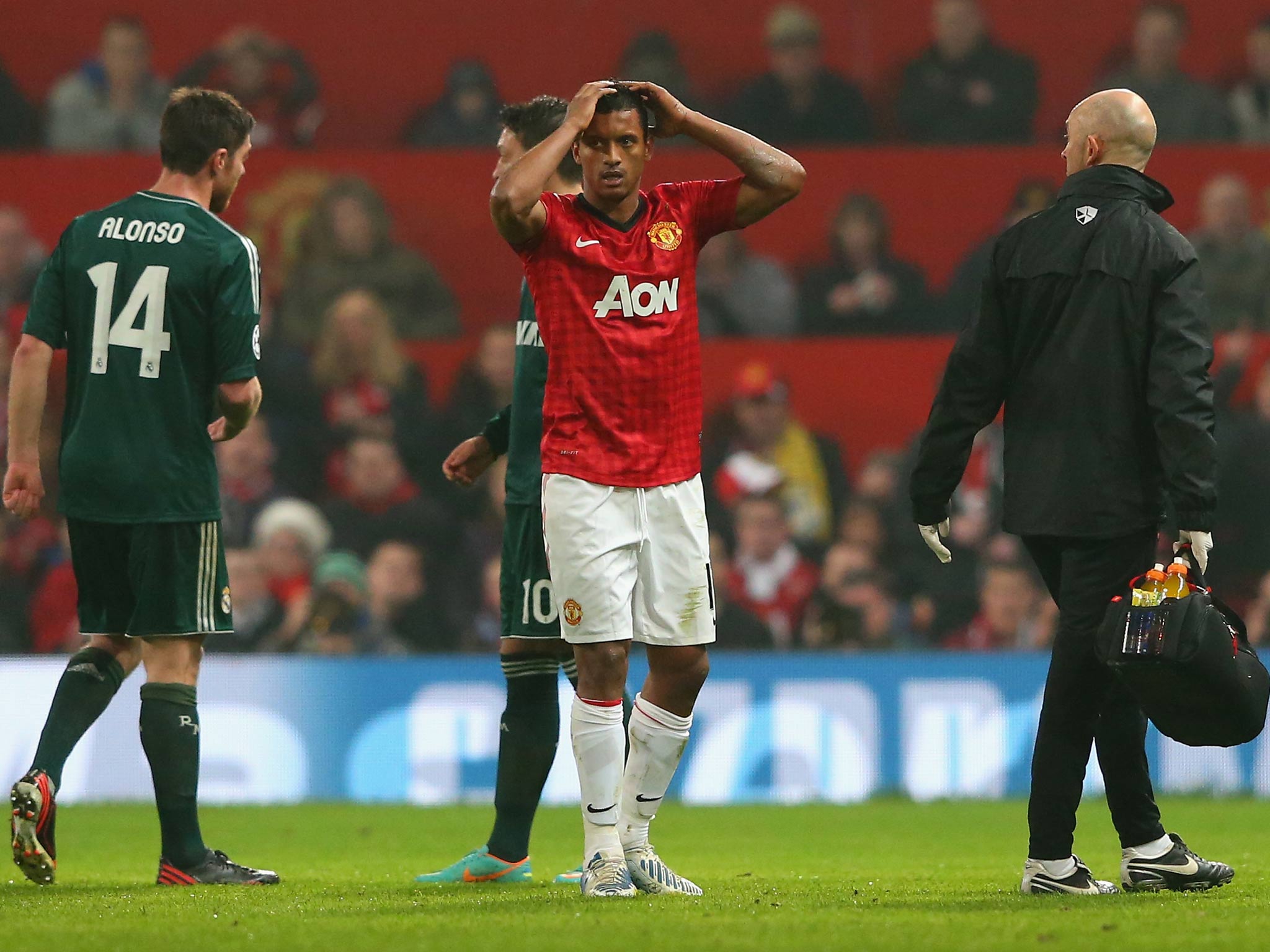 Nani reacts to his red card against Real Madrid