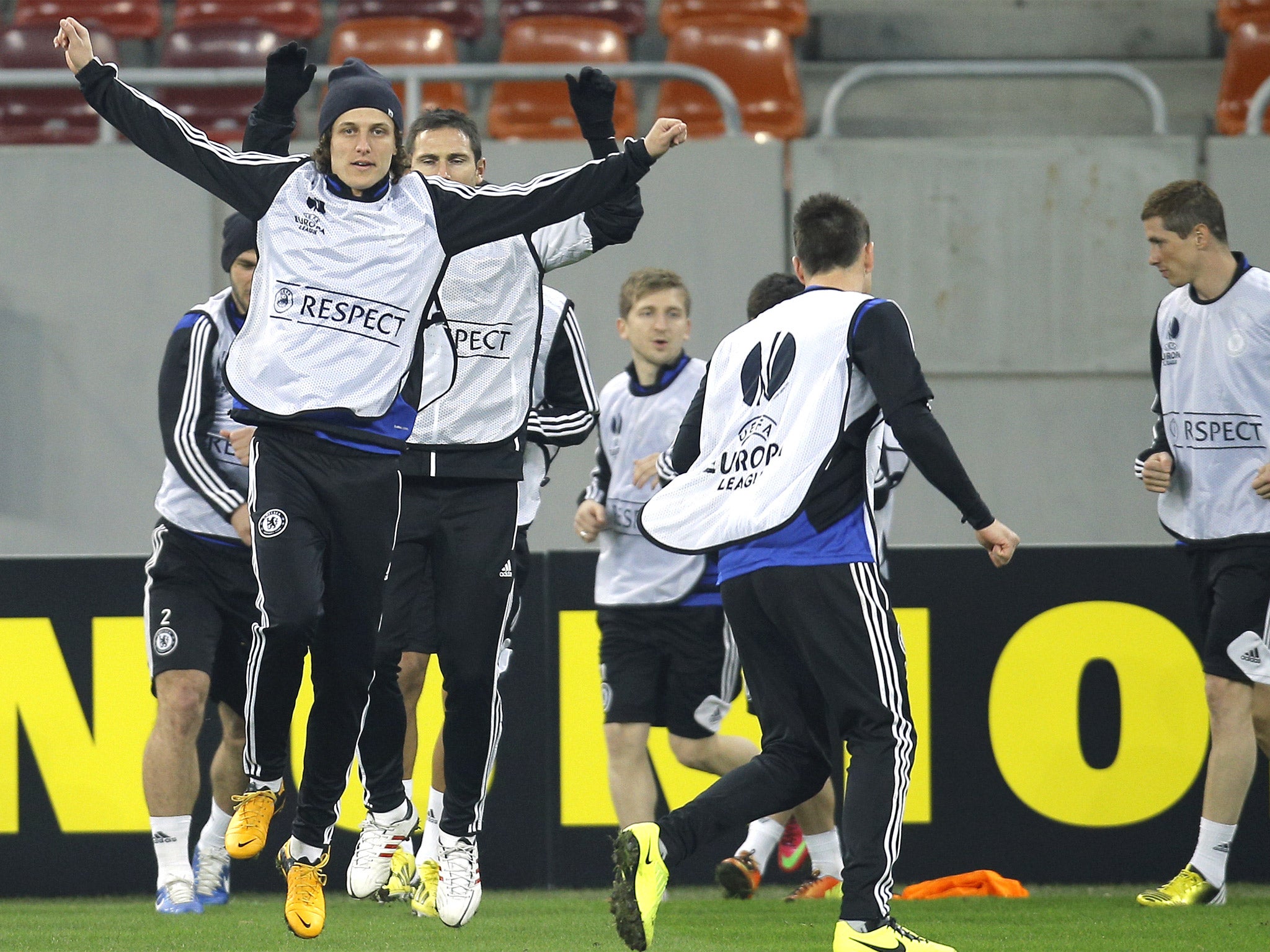Chelsea’s David Luiz trains ahead of tonight’s game in Bucharest