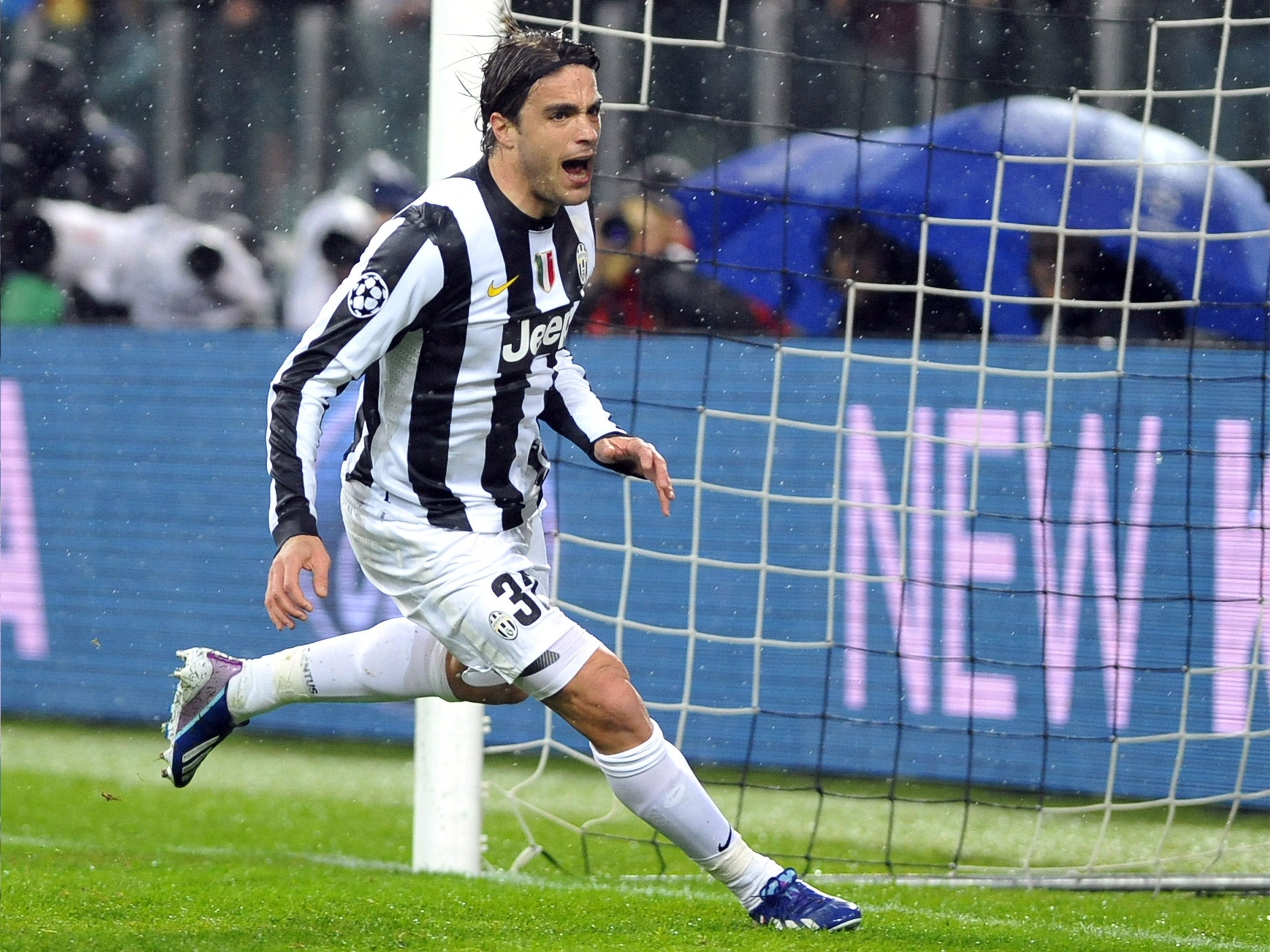 Alessandro Matri wheels away from the Celtic goal after opening the scoring for Juventus last night