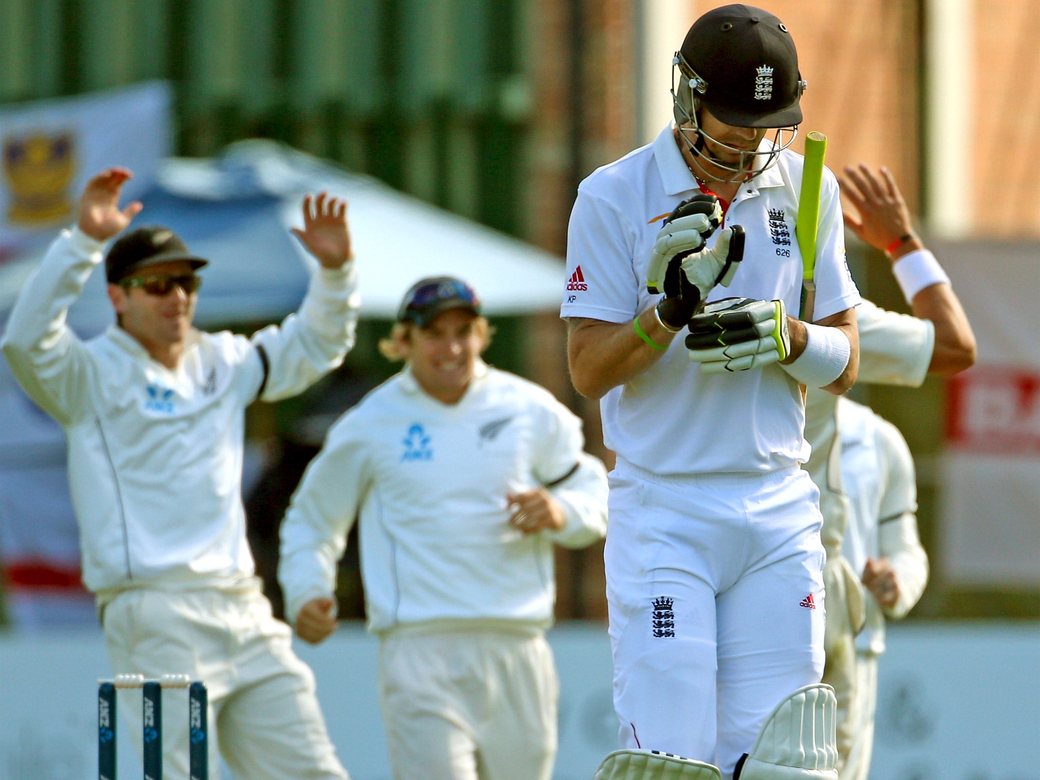 Kevin Pietersen walks off as he id dismissed for a duck