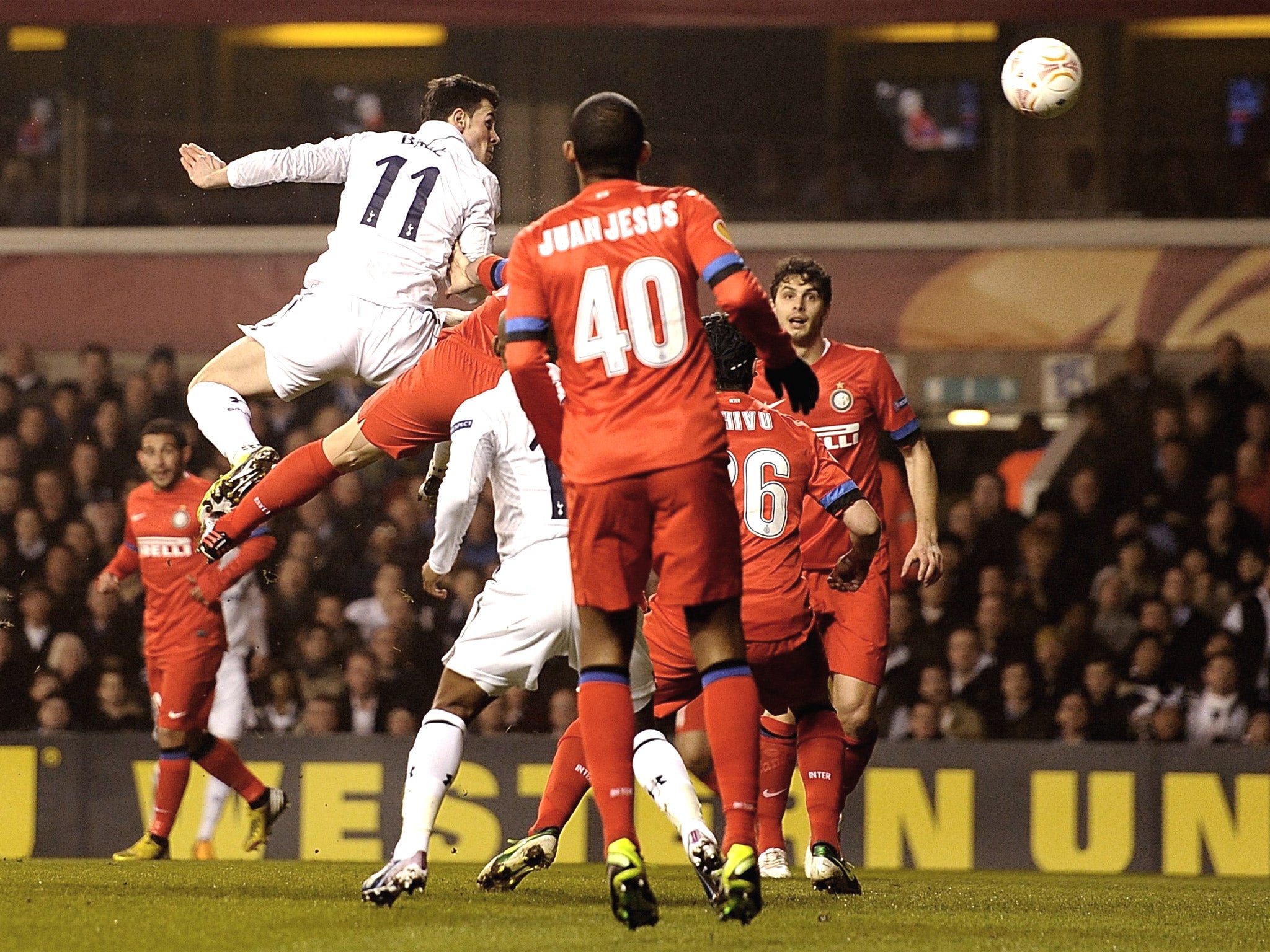 Gareth Bale heads home Tottenham’s first goal last night