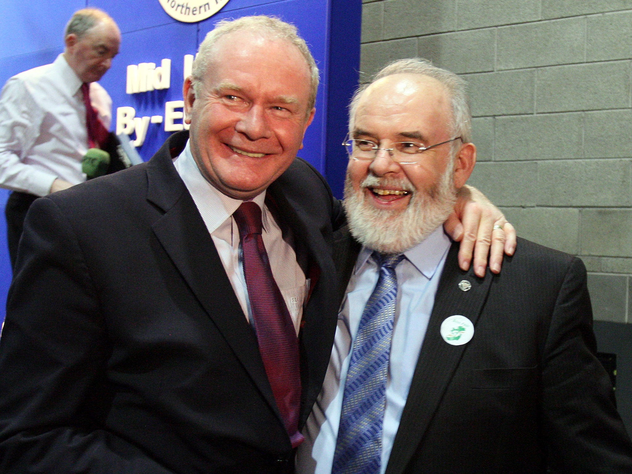 Sinn Fein candidate Francie Molloy (right) is congratulated by outgoing MP, Martin McGuinness