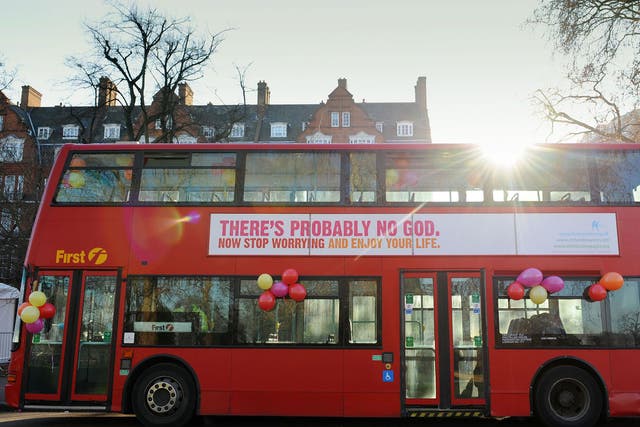 Beyond religion: Atheist campaign advertisement on a London bus