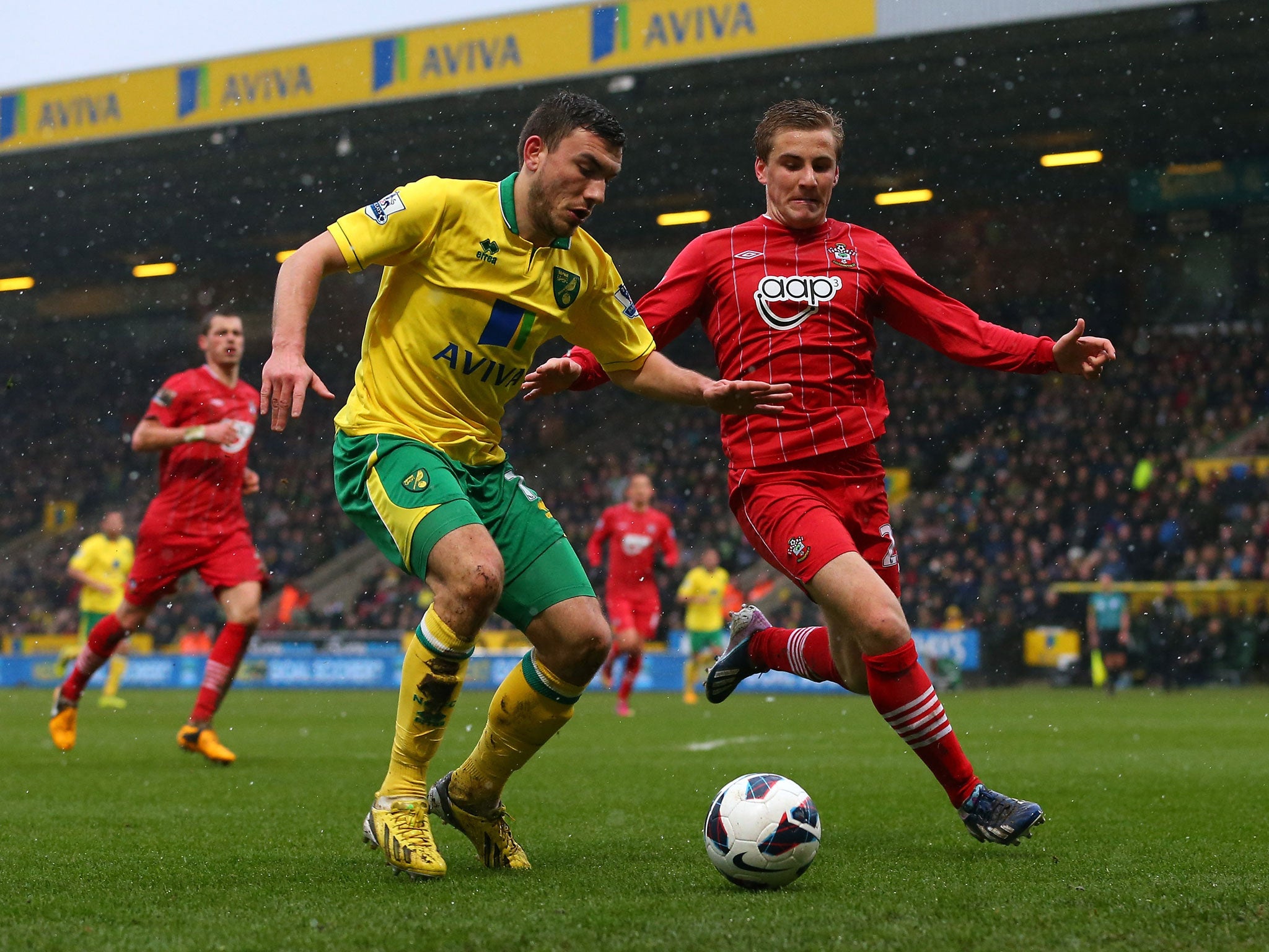 Robert Snodgrass of Norwich City battles with Luke Shaw of Southampton