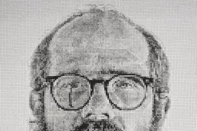 Self-portrait: This 1977 print was created by gouging tiny squares out of a copper sheet