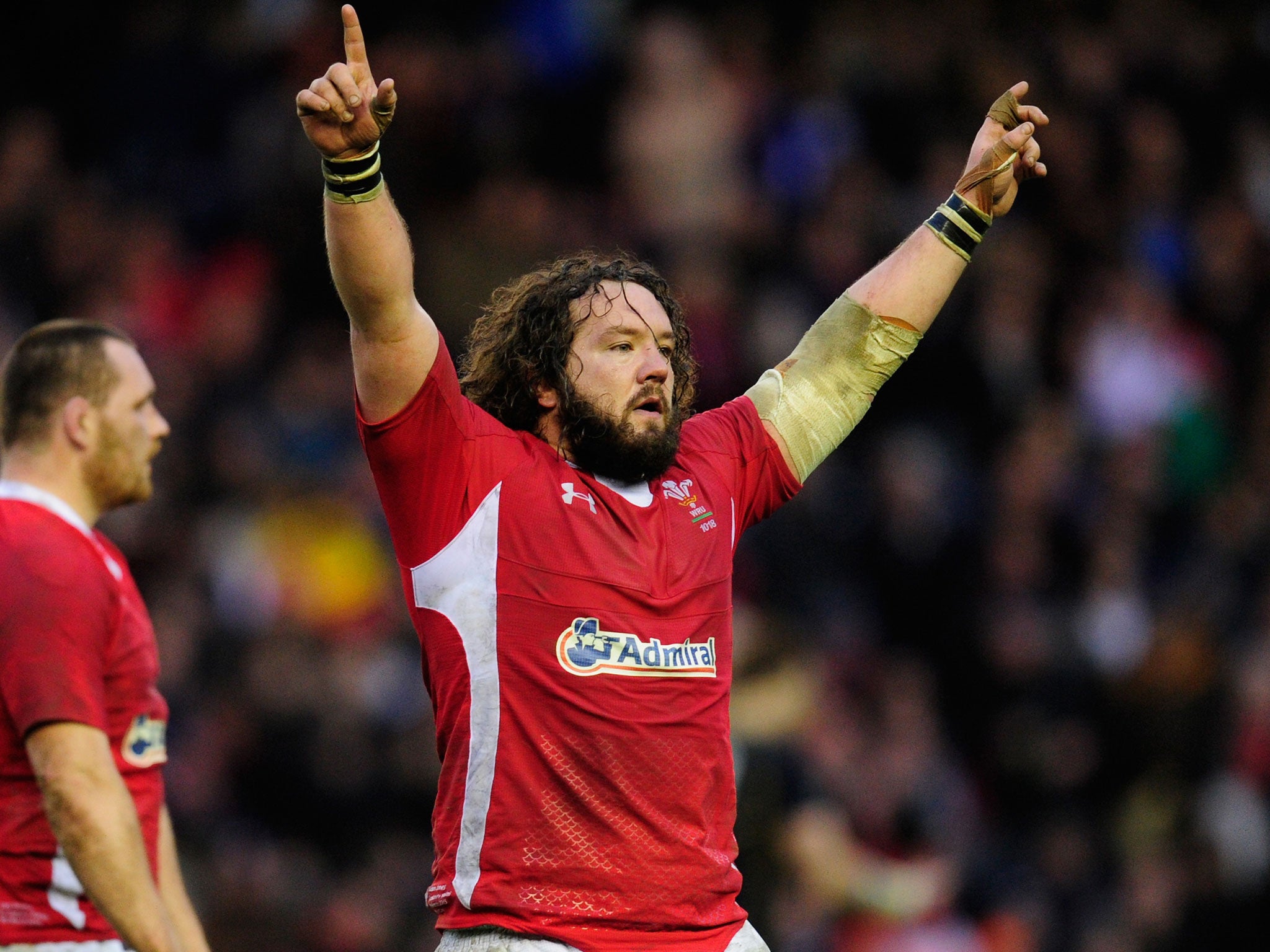 Adam Jones of Wales celebrates at the end of the RBS Six Nations match between Scotland