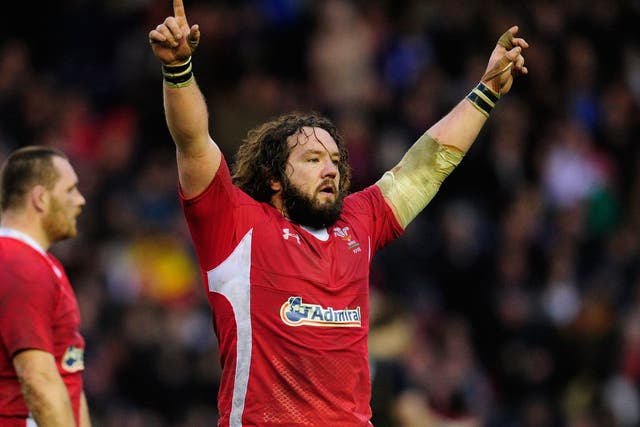  Adam Jones of Wales celebrates at the end of the RBS Six Nations match between Scotland