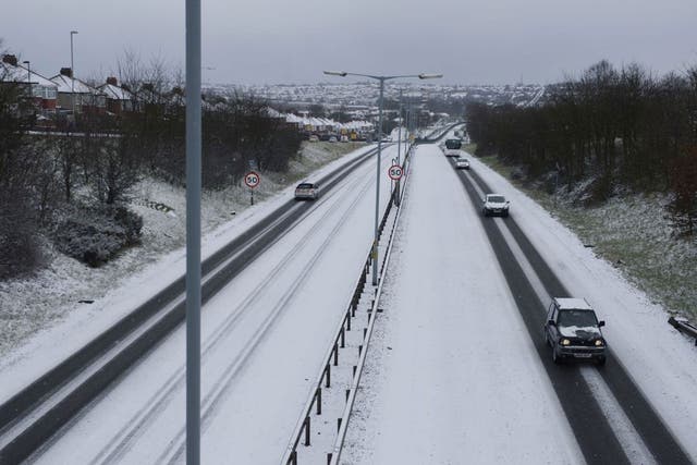 The A69 in Newcastle after more overnight snow, as a return of freezing temperatures and snow this morning will further delay springtime weather for Britain.
