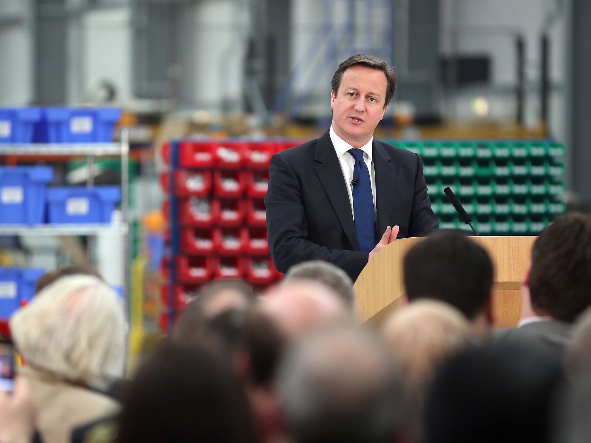 British Prime Minister David Cameron delivers his speech on the economy during a visit to precision grinding engineers Cinetic Landis Ltd on March 7, 2013 in Keighley, England.