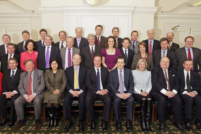 Members of the British government shadow cabinet pose for a family photo on February 9, 2010 in central London. (Back row L to R) David Mundell, Lord Strathclyde, Greg Clark, Owen Paterson, Chris Grayling, Jeremy Hunt, Philip Hammond, Nick Herbert, Sir George Young, David Willetts (Middle row L to R) Mark Francois, Lady Anelay, Andrew Mitchell, Francis Maude, Andrew Lansley, Theresa Villiers, Grant Shapps, Caroline Spelman, Oliver Letwin, Patrick McCloughlin (Front row L to R) Cheryl Gillan, Liam Fox, Ken Clarke, Baroness Warsi, William Hague, David Cameron, George Osborne, Theresa May, Eric Pickles, Michael Gove and Baroness Neville-Jones.