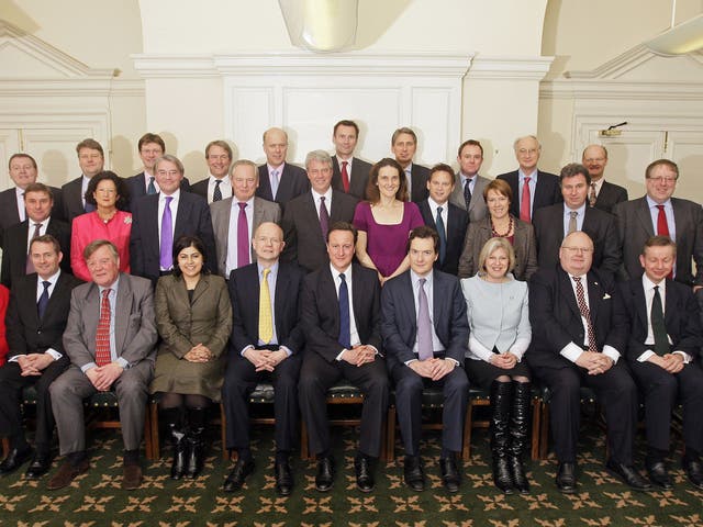Members of the British government shadow cabinet pose for a family photo on February 9, 2010 in central London. (Back row L to R) David Mundell, Lord Strathclyde, Greg Clark, Owen Paterson, Chris Grayling, Jeremy Hunt, Philip Hammond, Nick Herbert, Sir George Young, David Willetts (Middle row L to R) Mark Francois, Lady Anelay, Andrew Mitchell, Francis Maude, Andrew Lansley, Theresa Villiers, Grant Shapps, Caroline Spelman, Oliver Letwin, Patrick McCloughlin (Front row L to R) Cheryl Gillan, Liam Fox, Ken Clarke, Baroness Warsi, William Hague, David Cameron, George Osborne, Theresa May, Eric Pickles, Michael Gove and Baroness Neville-Jones.