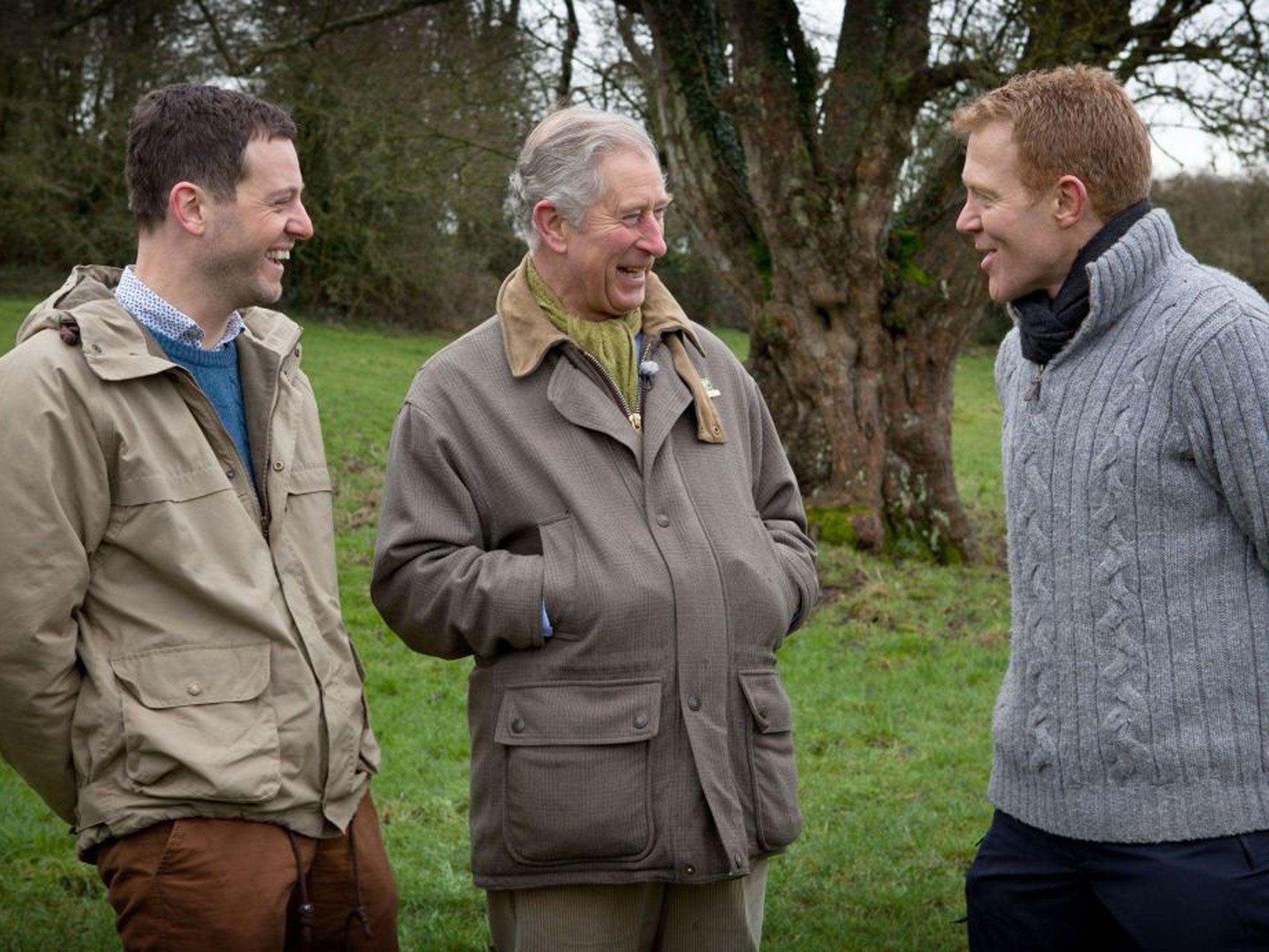 The Prince of Wales with Countryfile presenters Matt Baker (left) and Adam Henson