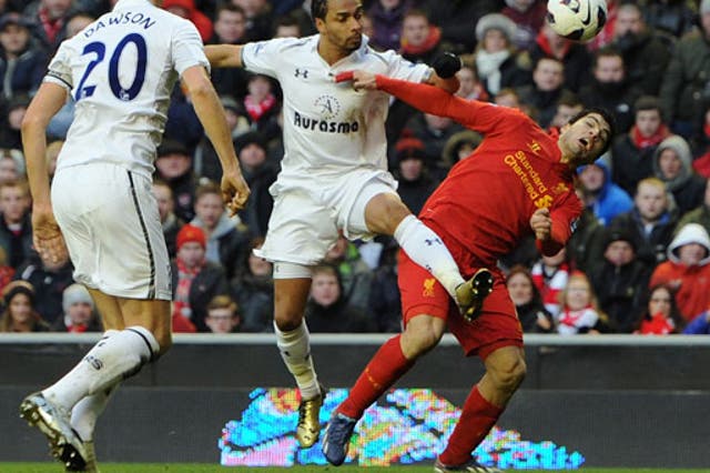 Luis Suarez wins the penalty which helped Liverpool see off Spurs