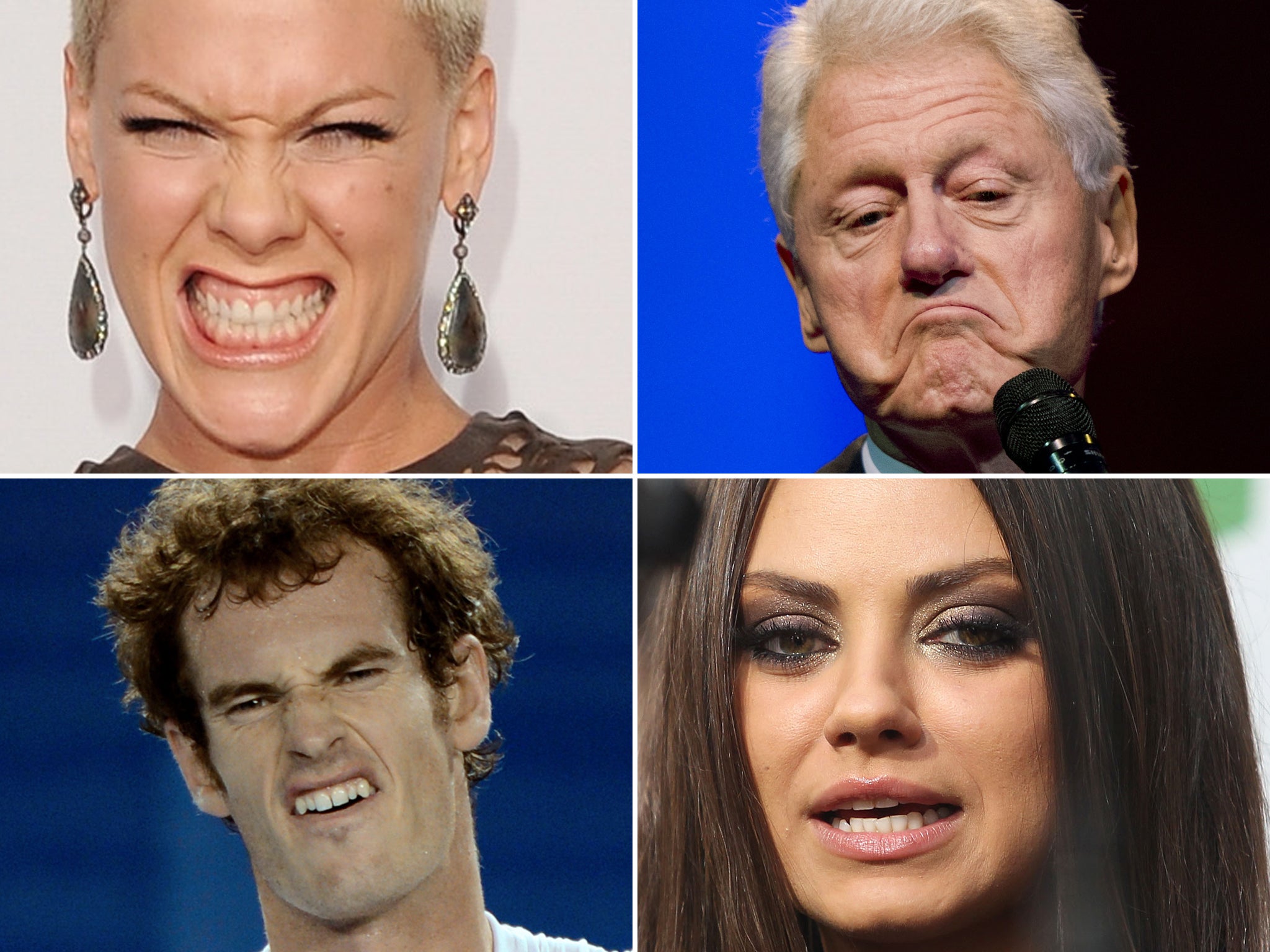 Beautiful people are seen as good looking even if they distort their faces into grimaces of disgust, surprise, fear or anger - or that's the theory. Judge for yourself with Pink, Bill Clinton, And Murray and Mila Kunis