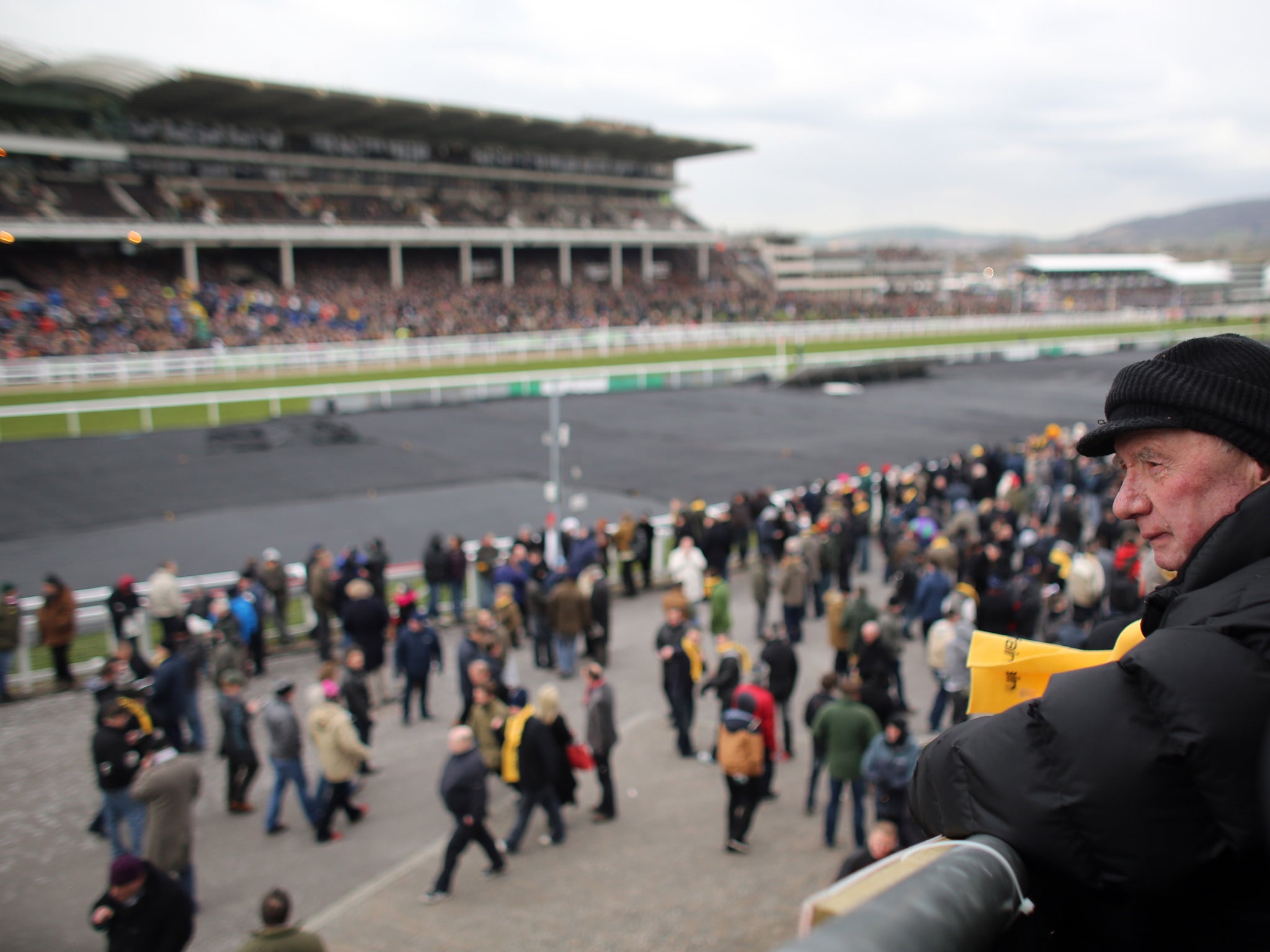 <p>March 12, 2013: Race goers wrap up in the cold at the Cheltenham racecourse on the first day of the Festiva</p>