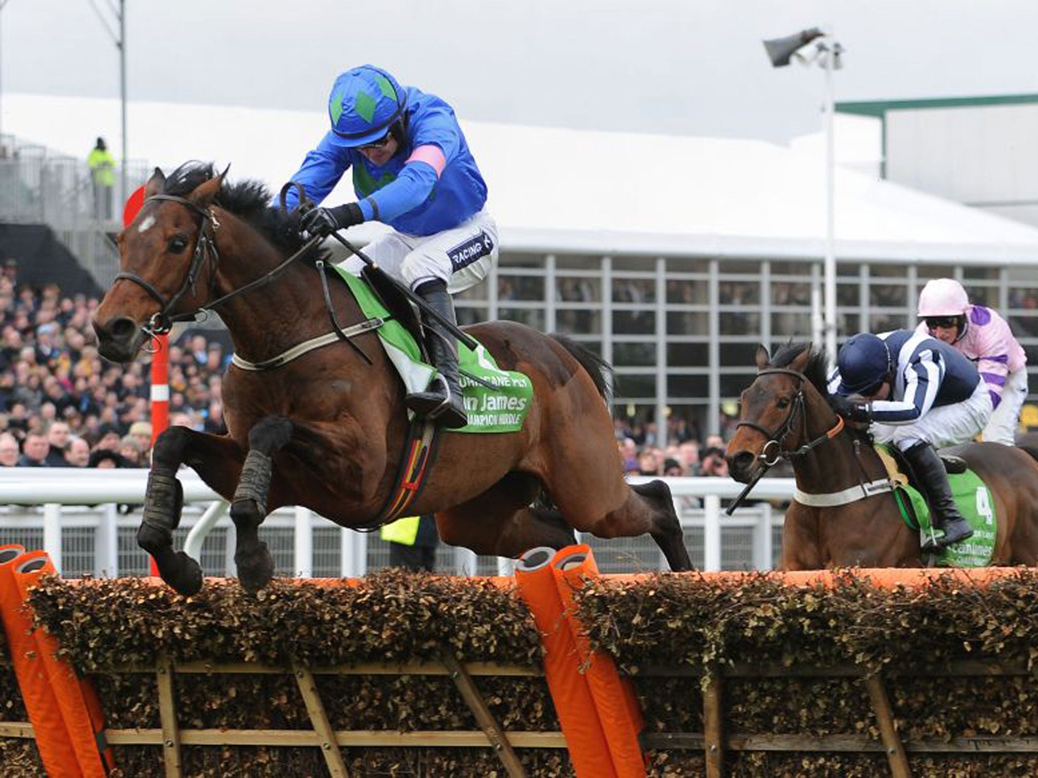 Hurricane Fly, with Ruby Walsh up, jumps the last flight on his way to victory in the Champion Hurdle