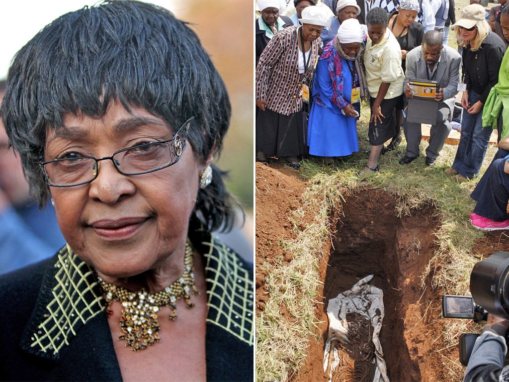 Winnie Mandela. Right, Nomsa Tshabalala, second from left, with relatives surrounding the presumed grave of her son Siboniso Tshabalala, at Avalon Cemetery in Johannesburg