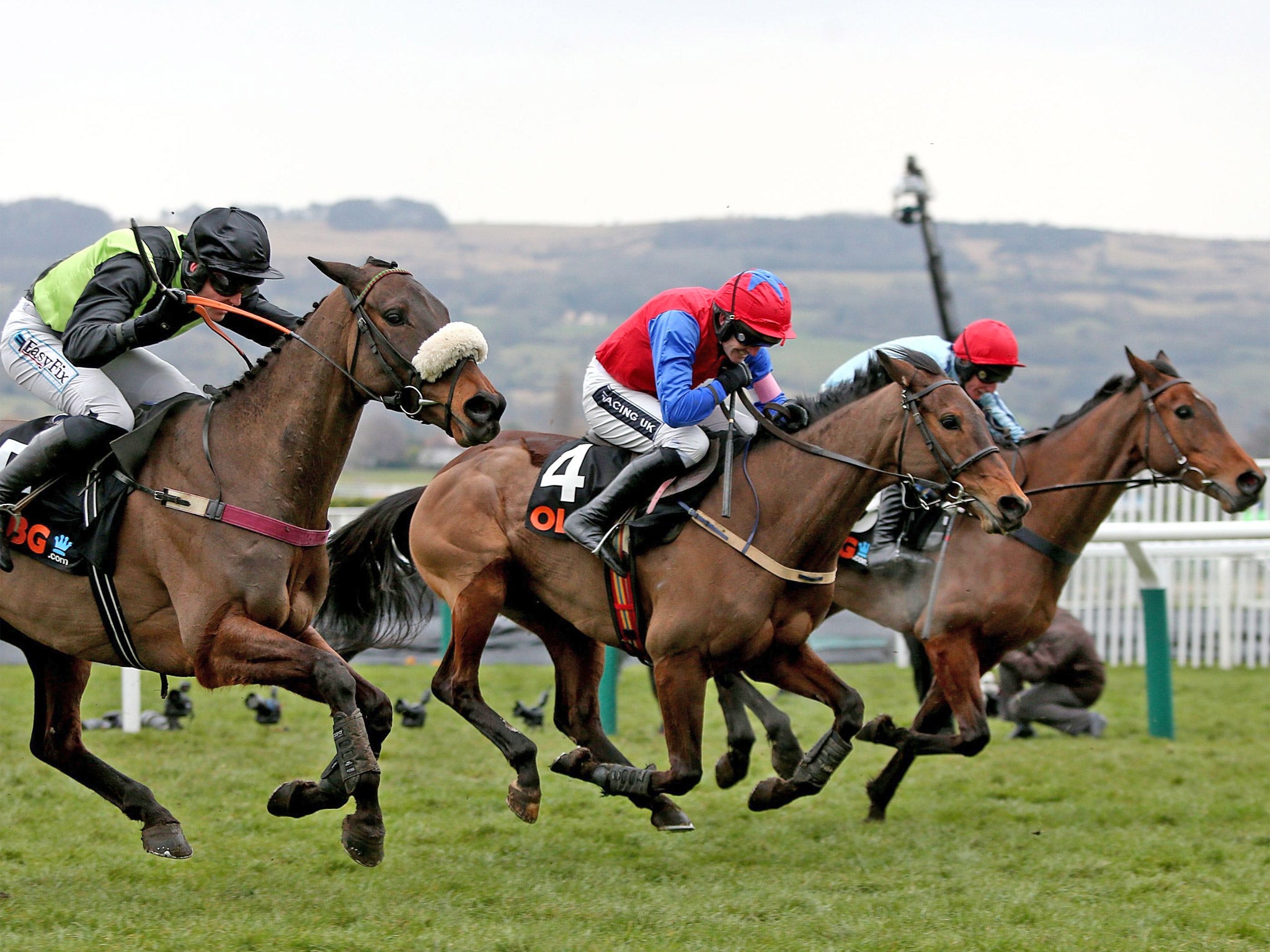 Quevega (centre) powers to victory with Ruby Walsh on board