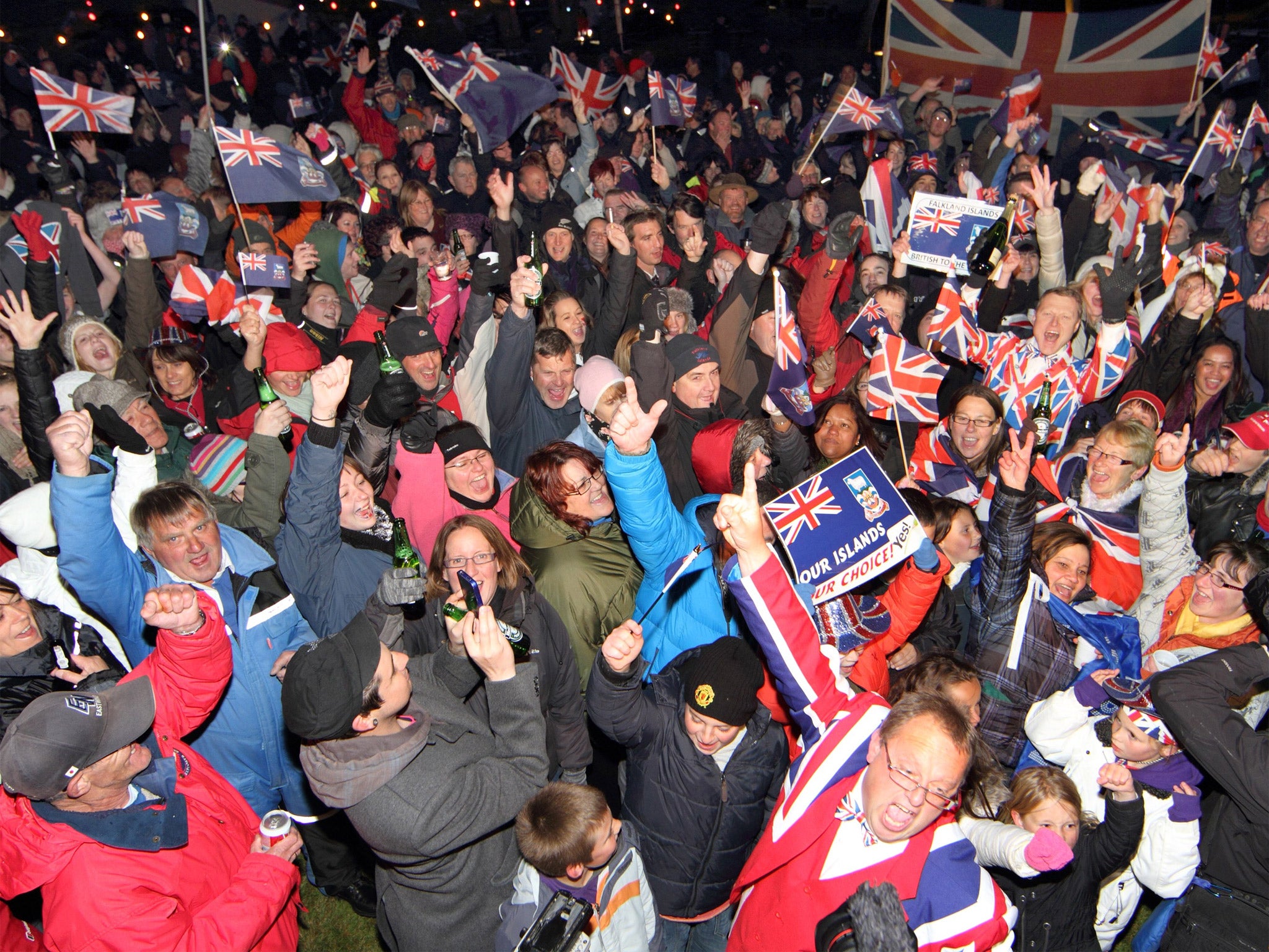 Falklanders celebrate the referendum result in Port Stanley on Monday night