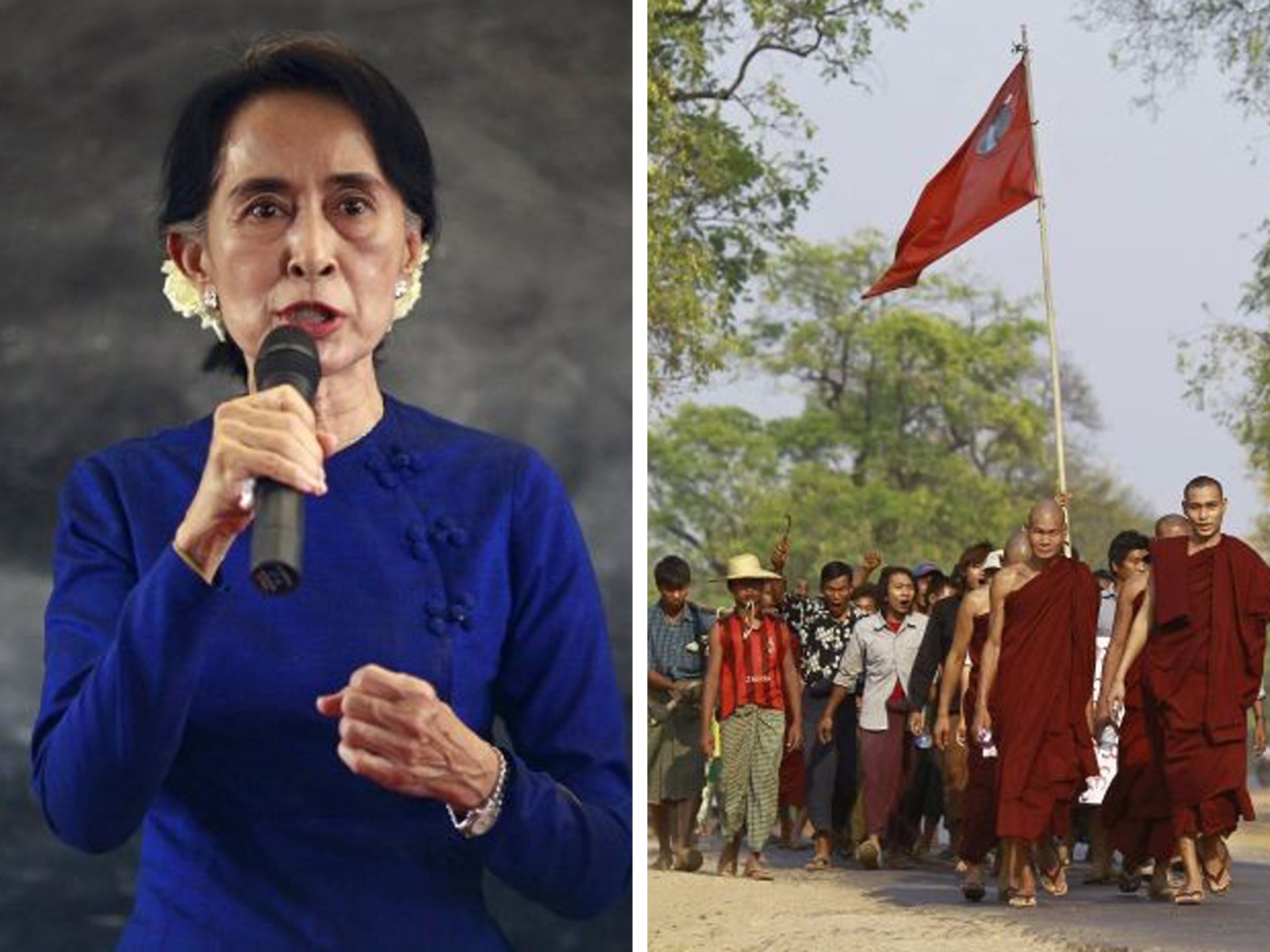 Myanmar pro-democracy leader Aung San Suu Kyi explains to villagers why she supports a copper mine project in Sarlingyi township while (right) they protest against it