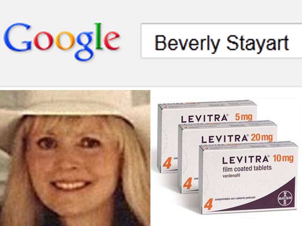 Google and Yahoo! randomly juxtaposed Beverly Stayart's name with a number of drugs used to treat sexual dysfunction