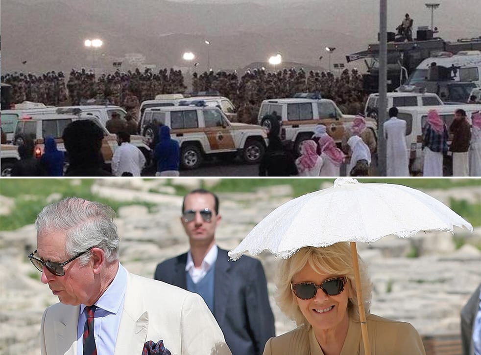 Above: photograph appears to show preparations for the execution of seven men in Saudi Arabia; Below: Prince Charles and the Duchess of Cornwall, visit the Roman ruins in Jaresh, Jordan