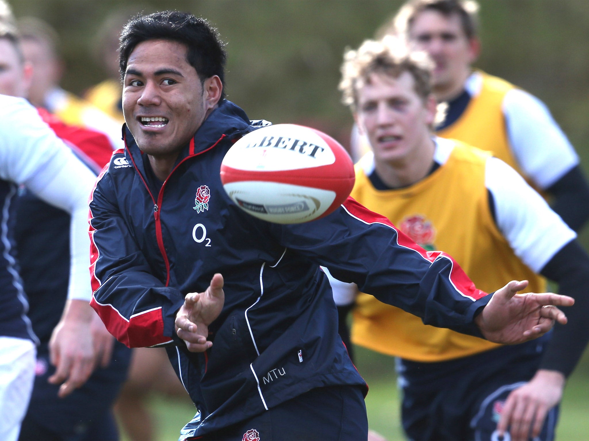 England’s Manu Tuilagi trains at Pennyhill Park yesterday
