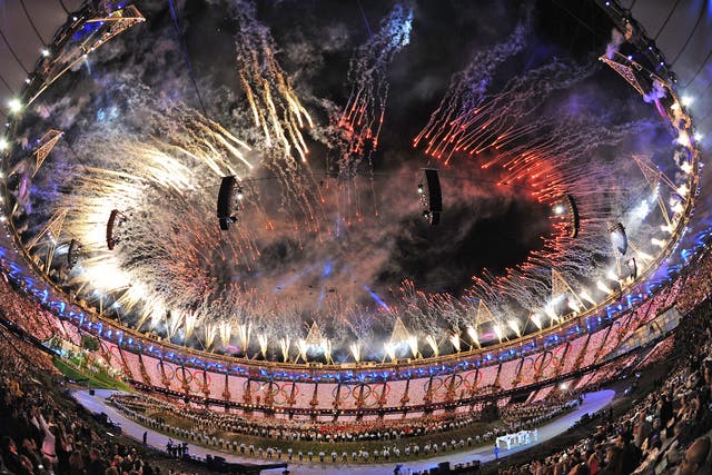 Fireworks explode from the stadium roof during the Opening Ceremony of the London 2012 Olympic Games