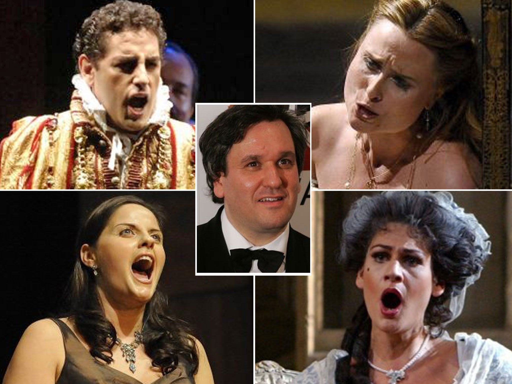 Royal Opera House chief, Sir Antonio Pappano, has criticised young opera stars. Clockwise from top left: Juan Diego Florez, Marina Poplavskaya, Anja Harteros and Celine Byrne have all pulled out of performances at the ROH