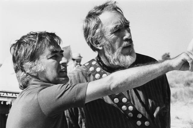 Moustapha Akkad, left, with Anthony Quinn during filming of The Message in 1976